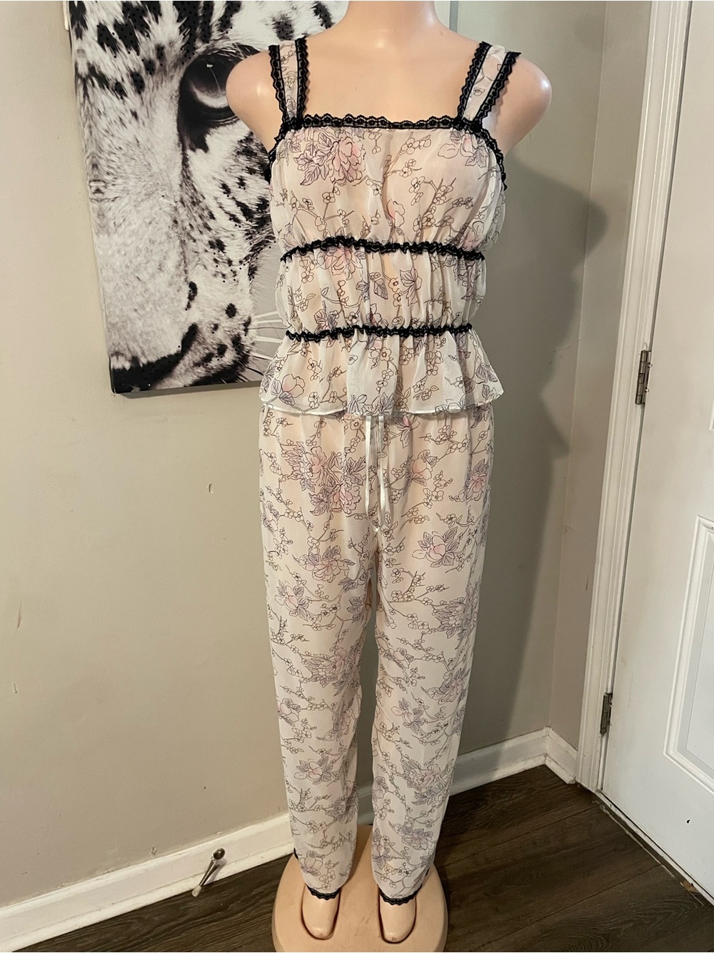 Maidenform romantic vintage inspired sheer pajama set top pants floral sketch S